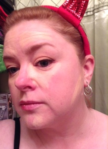 I used a highlighter pencil from my last Ipsy glam bag to draw in my highlights.  A funky, half Texas shape under my eye, a skinny triangle just above my jaw, and a blob shape above my eyebrow.  You want to put the light color in places you'd like to stand out, and I was trying to make my super-round, biscuit face into a shapely oval.